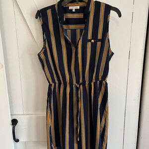 Navy & Mustard Striped Midi Dress with Drawstring Waist